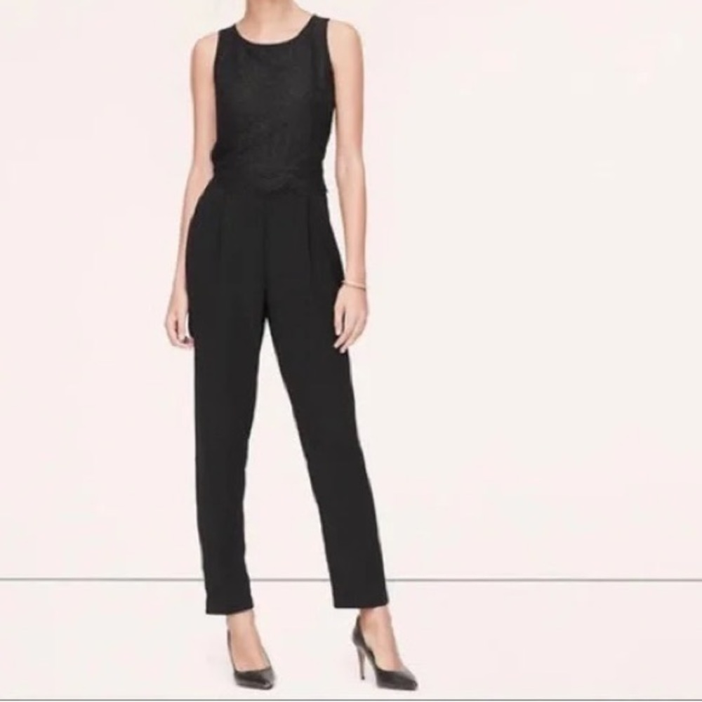 LOFT Sleek Black Sleeveless Scalloped Lace Top Jumpsuit Size 0